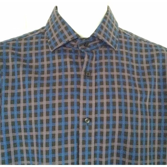 Thomas Dean Men's Shirt Large Contrast Flip Cuff Blue Black Blue Gray Check - Picture 2 of 4